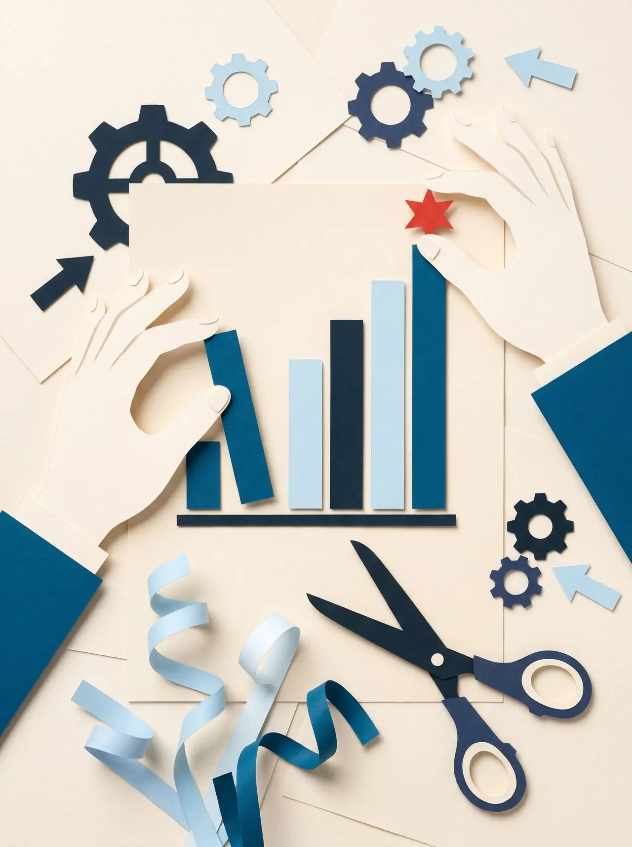 Paper-cut collage of a maker's worktable: cream paper hands assembling a rising bar chart from layered blue paper, placing a single red six-pointed star at the top.